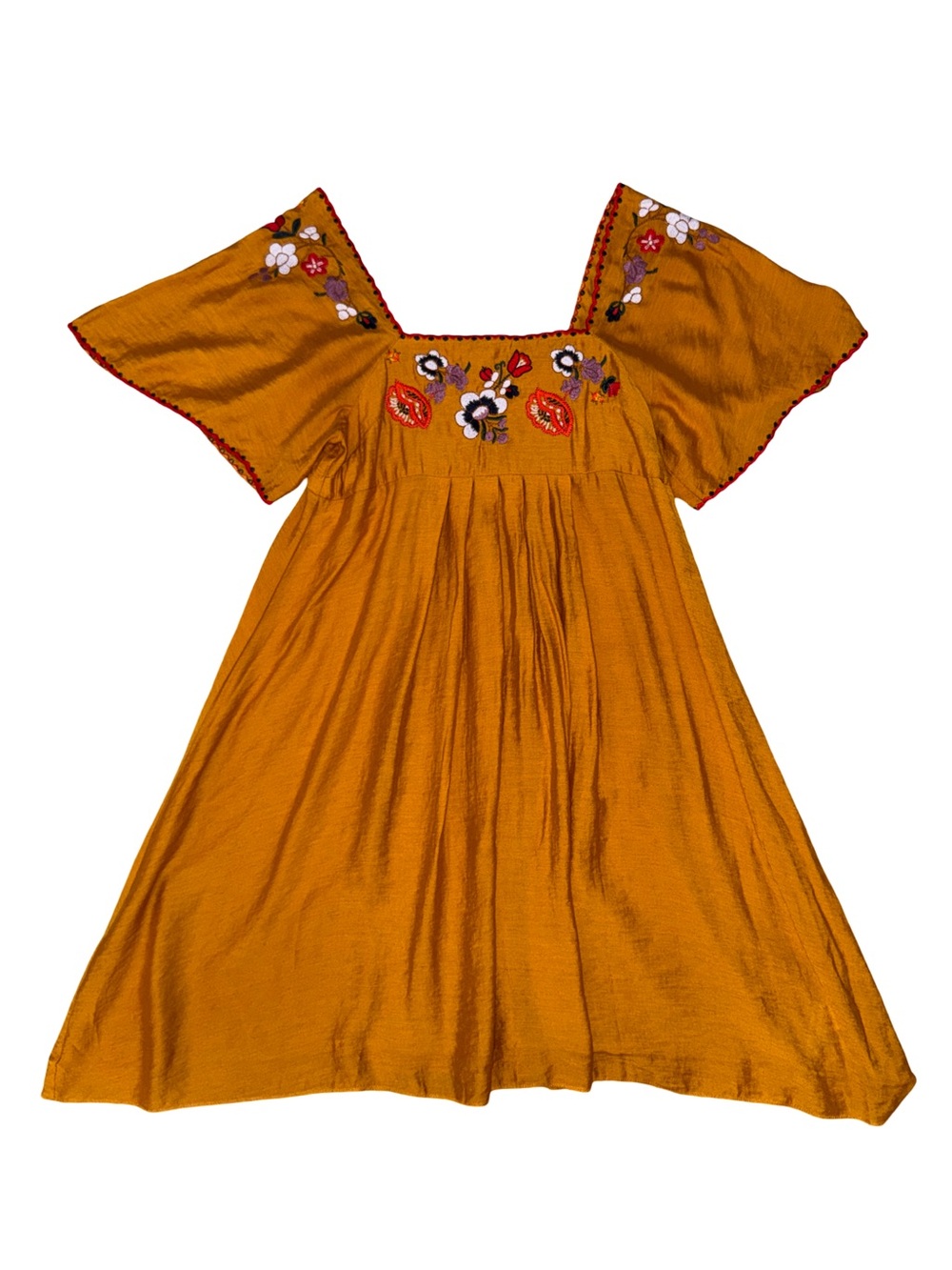 Madewell Embroidered Square Neck Mini Dress Mustard Gold Floral Flutter Sleeve S